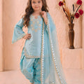 Elegant Sky Blue GMY Silk Embroidered Pakistani Style Suit Set for Girls