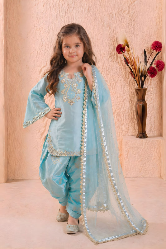 Elegant Sky Blue GMY Silk Embroidered Pakistani Style Suit Set for Girls