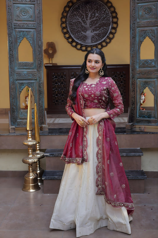 Elegant Magenta Cosmos Silk Embroidered Lehenga Choli with Ivory Flared Skirt