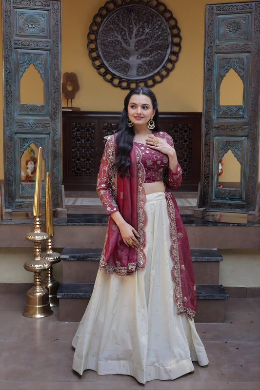 Elegant Magenta Cosmos Silk Embroidered Lehenga Choli with Ivory Flared Skirt