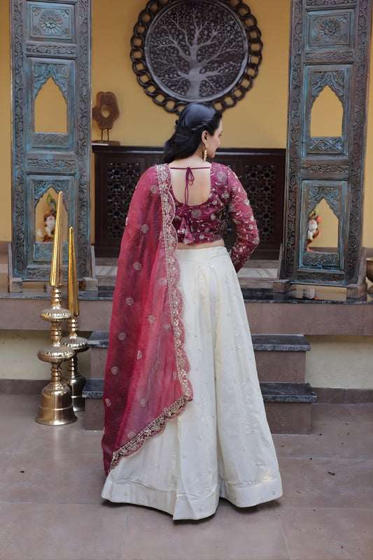 Elegant Magenta Cosmos Silk Embroidered Lehenga Choli with Ivory Flared Skirt