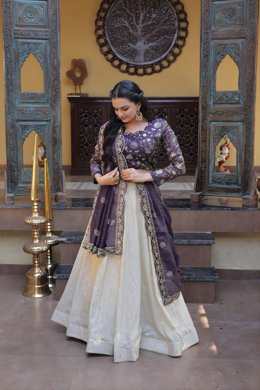 Stylish Purple Cosmos Silk Embroidered Lehenga Choli with Ivory Flared Skirt