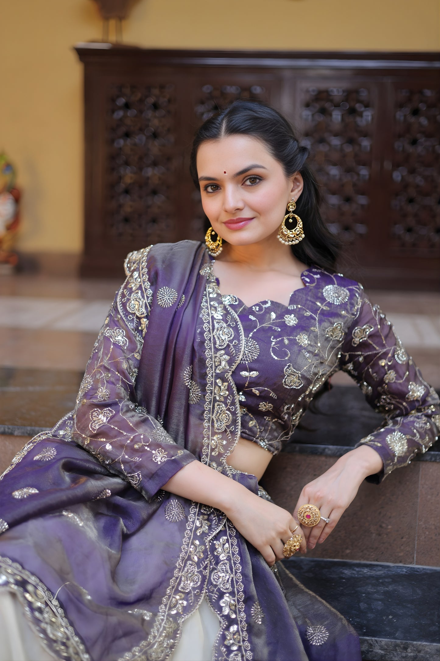 Stylish Purple Cosmos Silk Embroidered Lehenga Choli with Ivory Flared Skirt