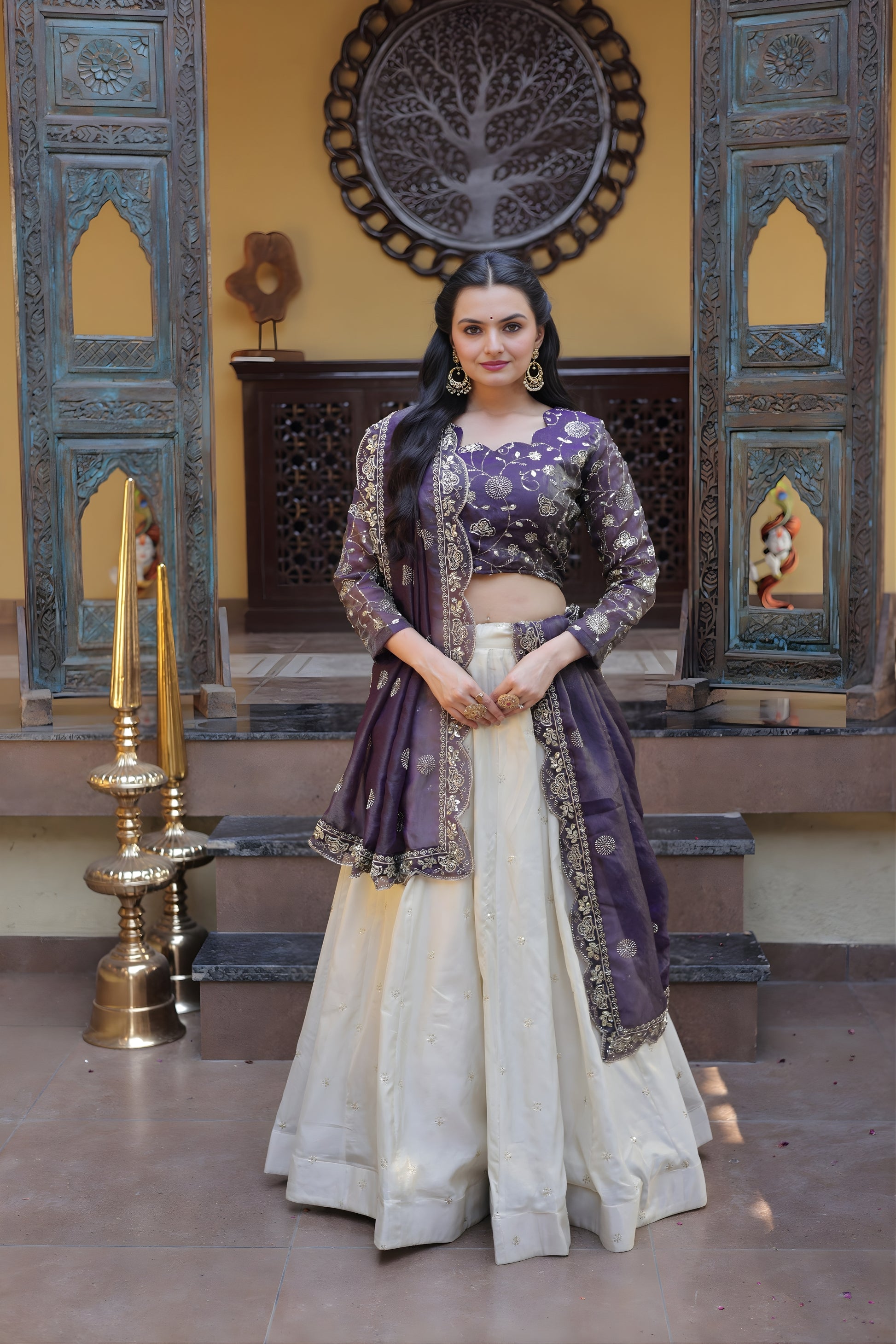 Stylish Purple Cosmos Silk Embroidered Lehenga Choli with Ivory Flared Skirt