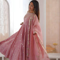Elegant Pink Roman Silk Embroidered Anarkali Suit Sequin Work Dupatta