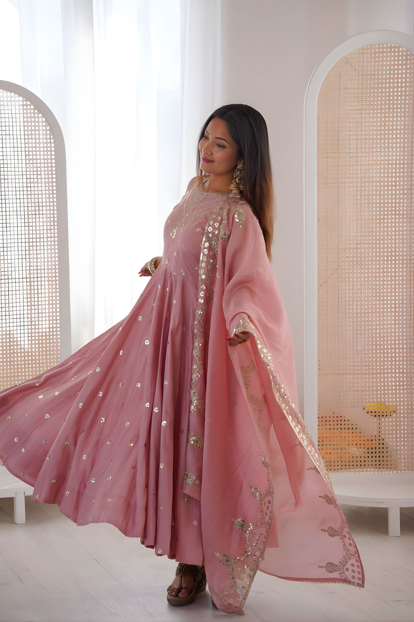 Elegant Pink Roman Silk Embroidered Anarkali Suit Sequin Work Dupatta