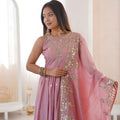 Elegant Pink Roman Silk Embroidered Anarkali Suit Sequin Work Dupatta