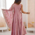 Elegant Pink Roman Silk Embroidered Anarkali Suit Sequin Work Dupatta