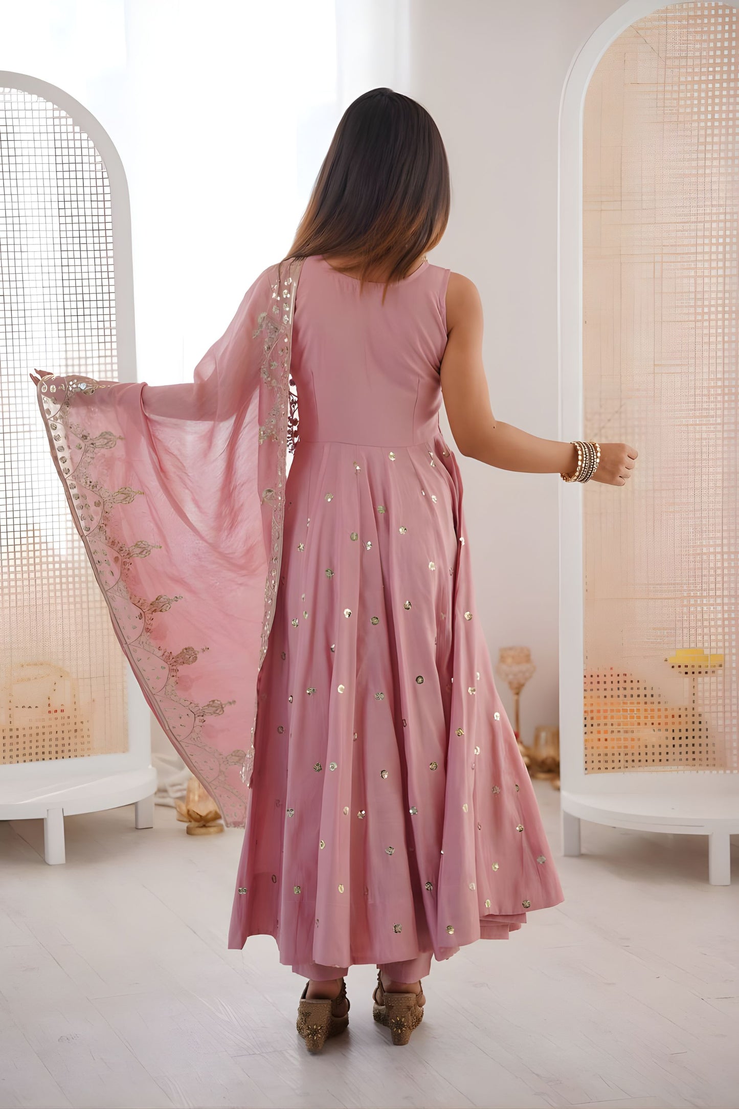 Elegant Pink Roman Silk Embroidered Anarkali Suit Sequin Work Dupatta