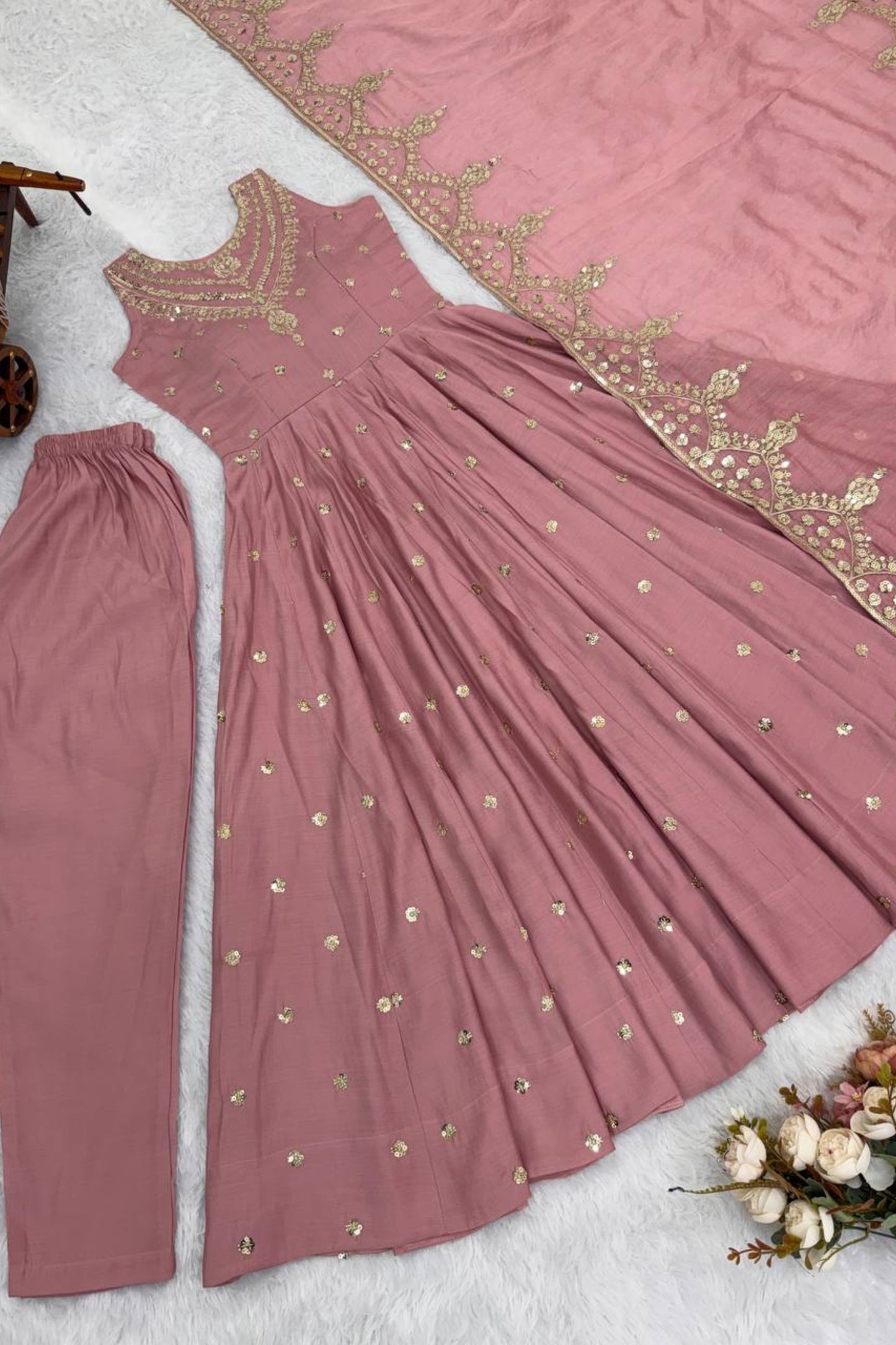Elegant Pink Roman Silk Embroidered Anarkali Suit Sequin Work Dupatta