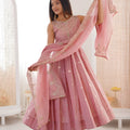 Elegant Pink Roman Silk Embroidered Anarkali Suit Sequin Work Dupatta