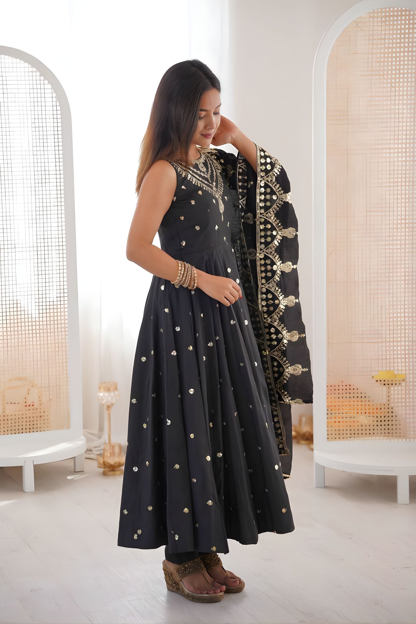 Dark Black Roman Silk Embroidered Anarkali Suit Heavy Sequin Work Dupatta