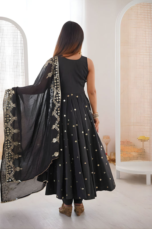 Dark Black Roman Silk Embroidered Anarkali Suit Heavy Sequin Work Dupatta