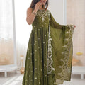 Beautifull Olive Green Roman Silk Embroidered Anarkali Suit Heavy Sequin Work Dupatta