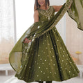 Beautifull Olive Green Roman Silk Embroidered Anarkali Suit Heavy Sequin Work Dupatta