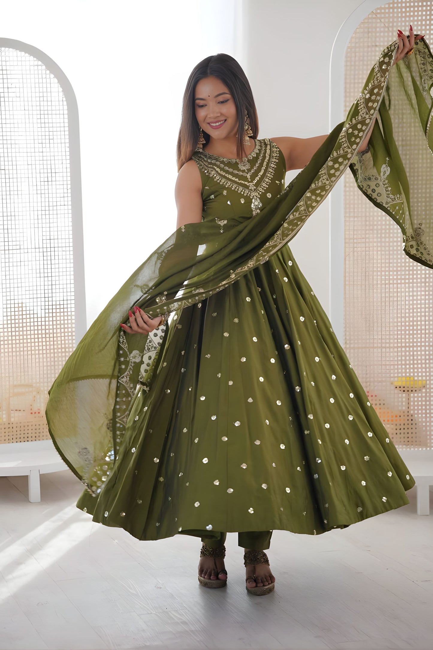 Beautifull Olive Green Roman Silk Embroidered Anarkali Suit Heavy Sequin Work Dupatta