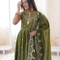 Beautifull Olive Green Roman Silk Embroidered Anarkali Suit Heavy Sequin Work Dupatta