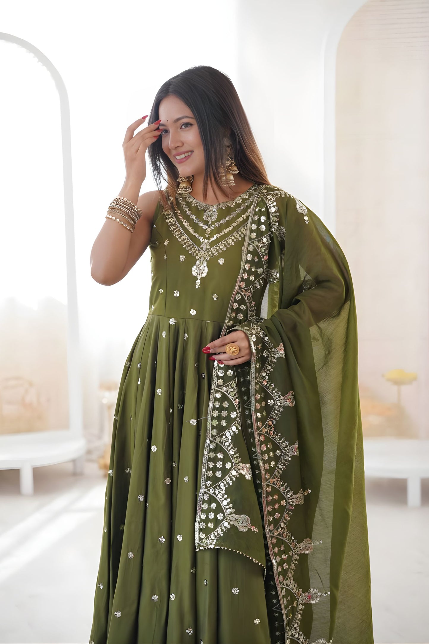 Beautifull Olive Green Roman Silk Embroidered Anarkali Suit Heavy Sequin Work Dupatta