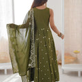 Beautifull Olive Green Roman Silk Embroidered Anarkali Suit Heavy Sequin Work Dupatta