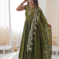 Beautifull Olive Green Roman Silk Embroidered Anarkali Suit Heavy Sequin Work Dupatta