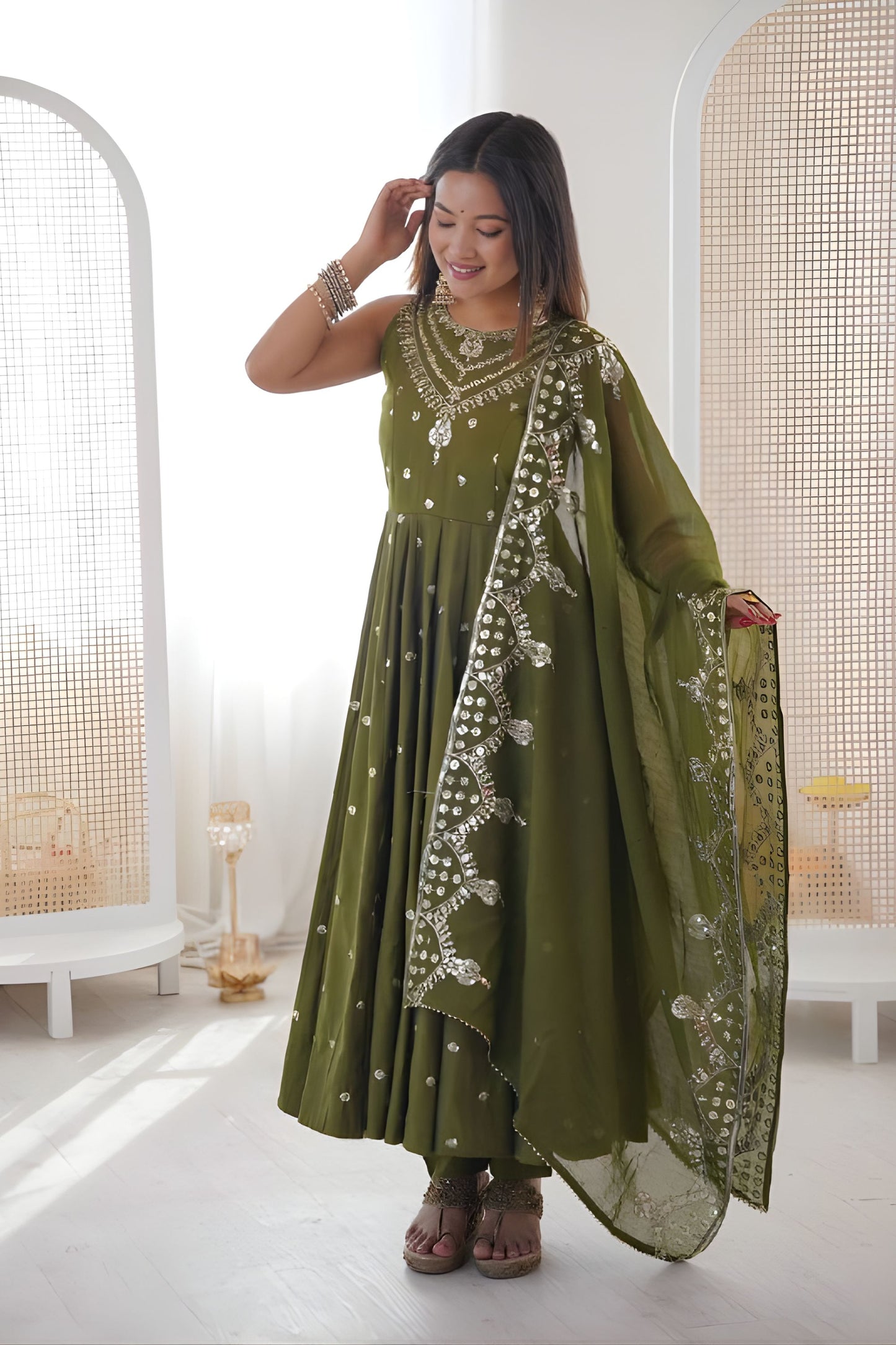 Beautifull Olive Green Roman Silk Embroidered Anarkali Suit Heavy Sequin Work Dupatta