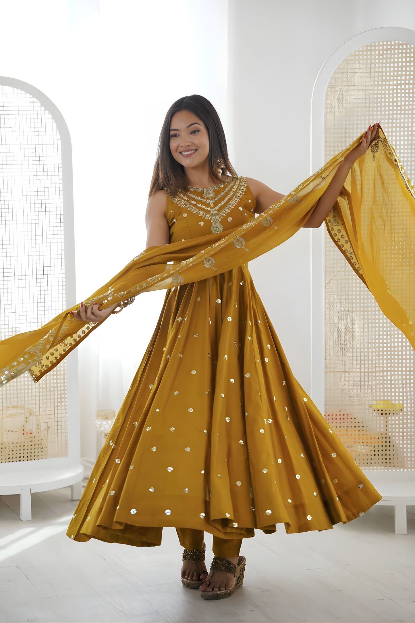 Royal Mustard Yellow Roman Silk Embroidered Anarkali Suit Heavy Sequin Work Dupatta