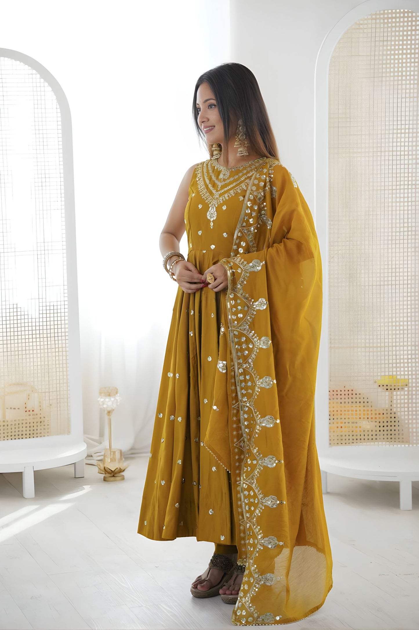 Royal Mustard Yellow Roman Silk Embroidered Anarkali Suit Heavy Sequin Work Dupatta