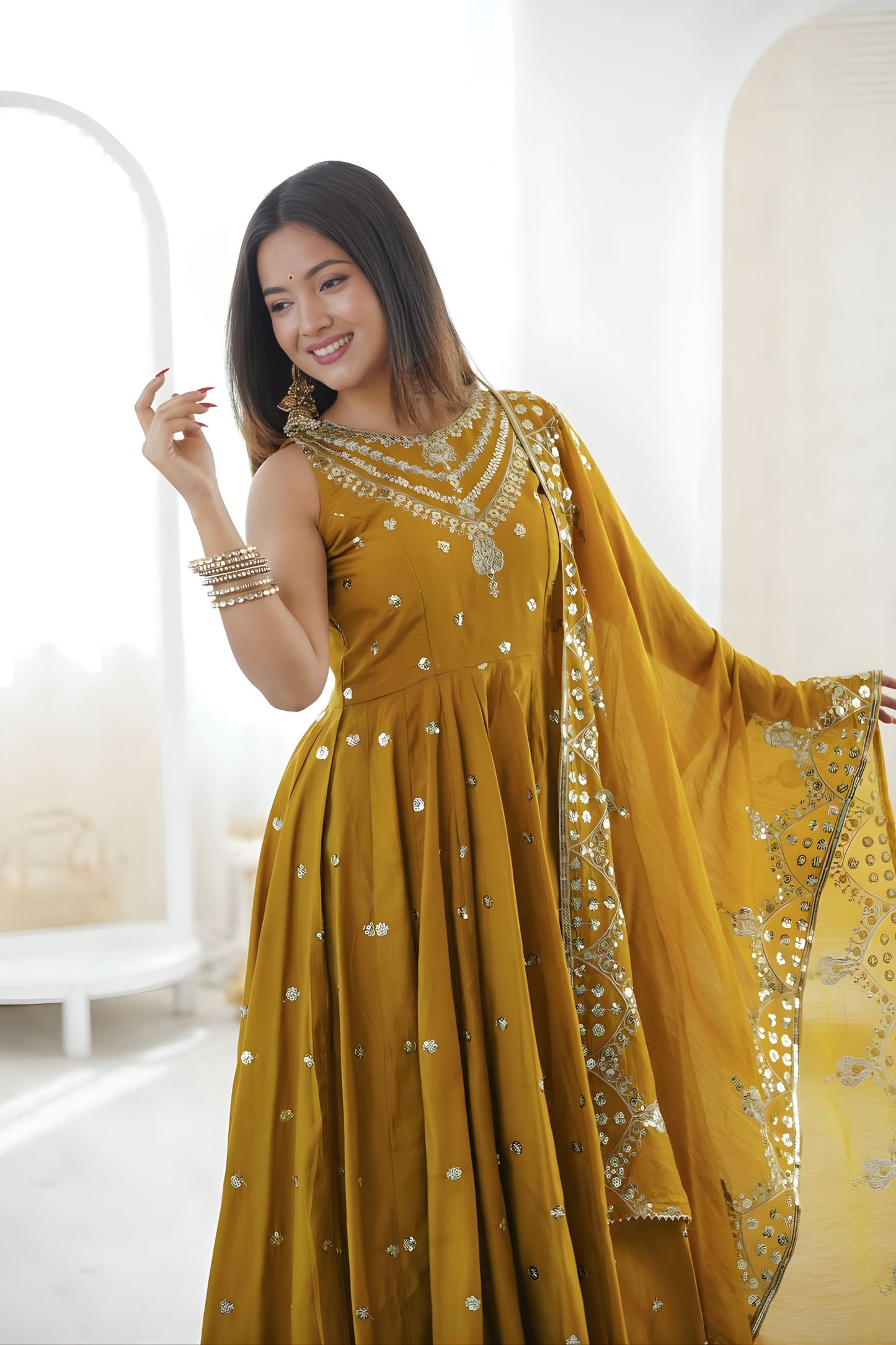 Royal Mustard Yellow Roman Silk Embroidered Anarkali Suit Heavy Sequin Work Dupatta
