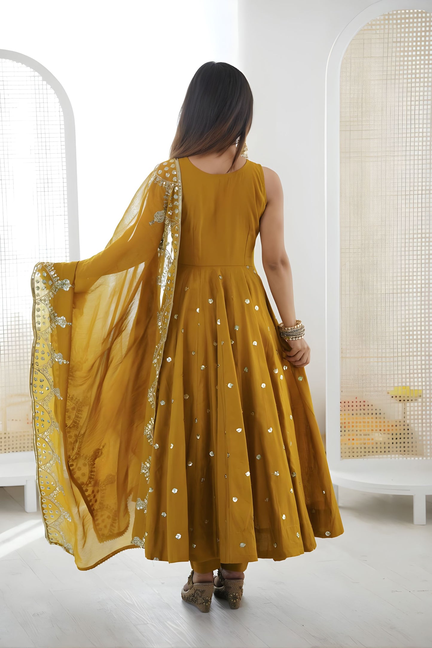 Royal Mustard Yellow Roman Silk Embroidered Anarkali Suit Heavy Sequin Work Dupatta