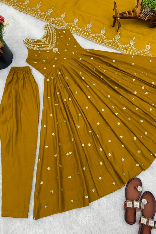 Royal Mustard Yellow Roman Silk Embroidered Anarkali Suit Heavy Sequin Work Dupatta