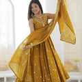 Elegant Mustard Yellow Roman Silk Embroidered Anarkali Suit Heavy Sequin Work Dupatta