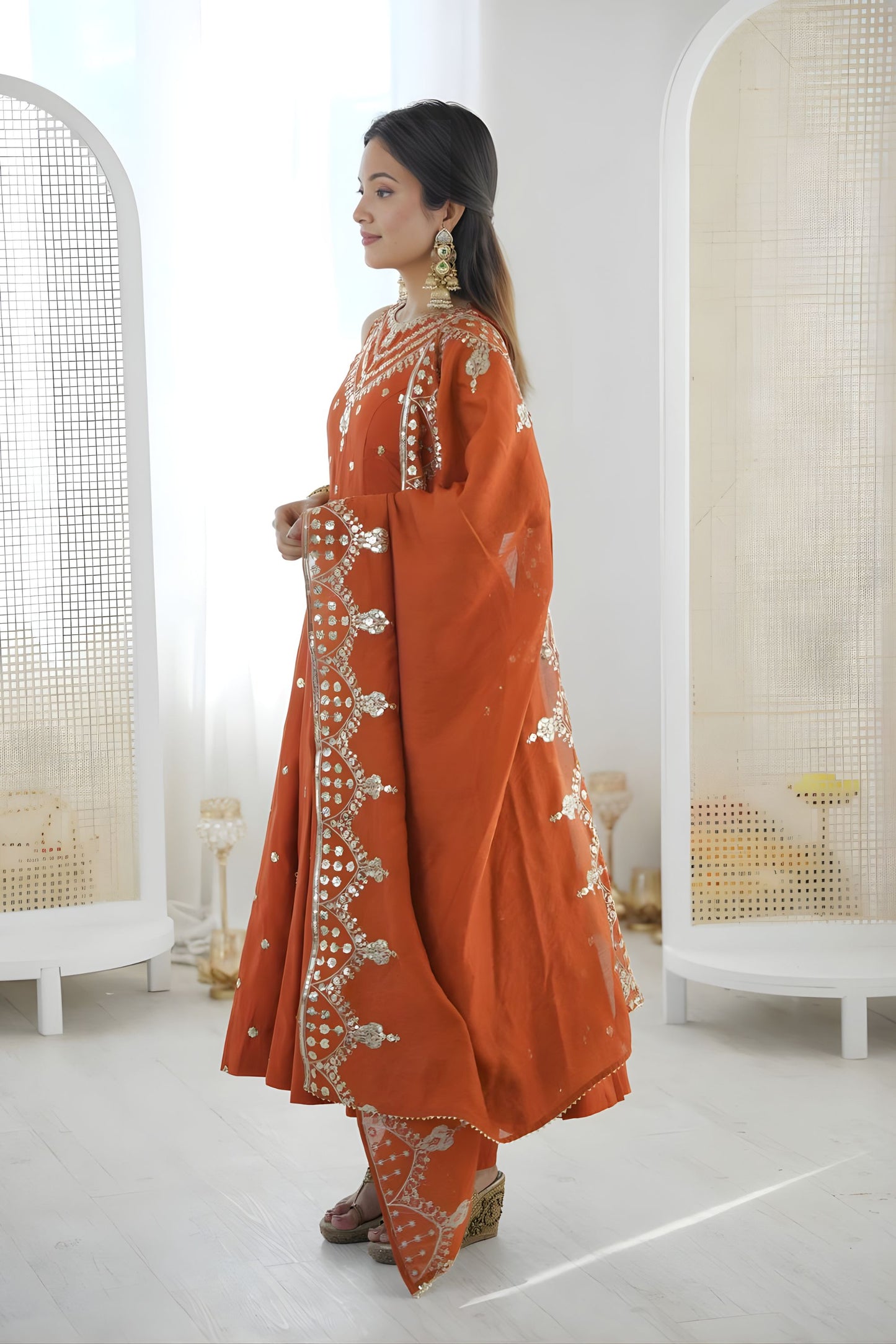 Elegant Rust Orange Roman Silk Embroidered Anarkali Suit Heavy Sequin Work Dupatta