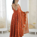Elegant Rust Orange Roman Silk Embroidered Anarkali Suit Heavy Sequin Work Dupatta