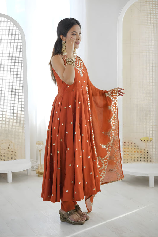 Elegant Rust Orange Roman Silk Embroidered Anarkali Suit Heavy Sequin Work Dupatta
