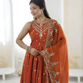 Elegant Rust Orange Roman Silk Embroidered Anarkali Suit Heavy Sequin Work Dupatta