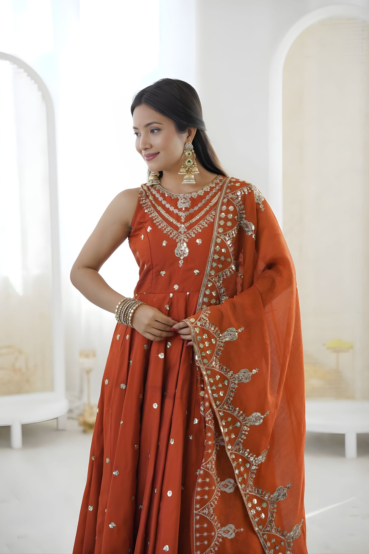 Elegant Rust Orange Roman Silk Embroidered Anarkali Suit Heavy Sequin Work Dupatta