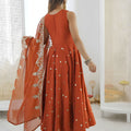 Elegant Rust Orange Roman Silk Embroidered Anarkali Suit Heavy Sequin Work Dupatta