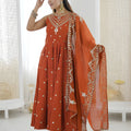Elegant Rust Orange Roman Silk Embroidered Anarkali Suit Heavy Sequin Work Dupatta