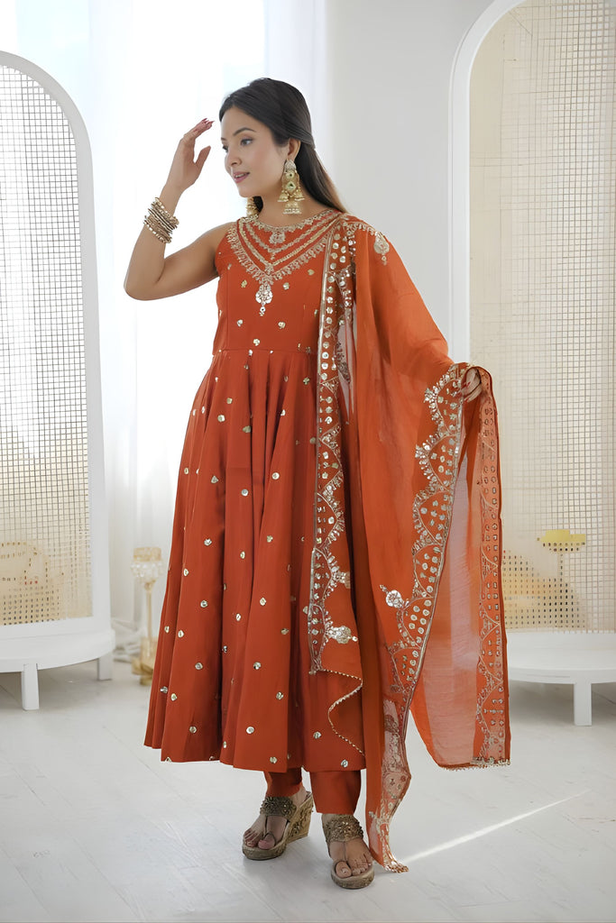 Elegant Rust Orange Roman Silk Embroidered Anarkali Suit Heavy Sequin Work Dupatta