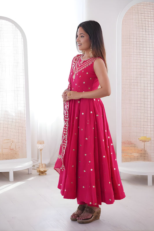 Traditional Rani Pink Roman Silk Embroidered Anarkali Suit Heavy Sequin Work Dupatta