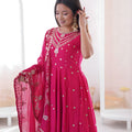 Traditional Rani Pink Roman Silk Embroidered Anarkali Suit Heavy Sequin Work Dupatta