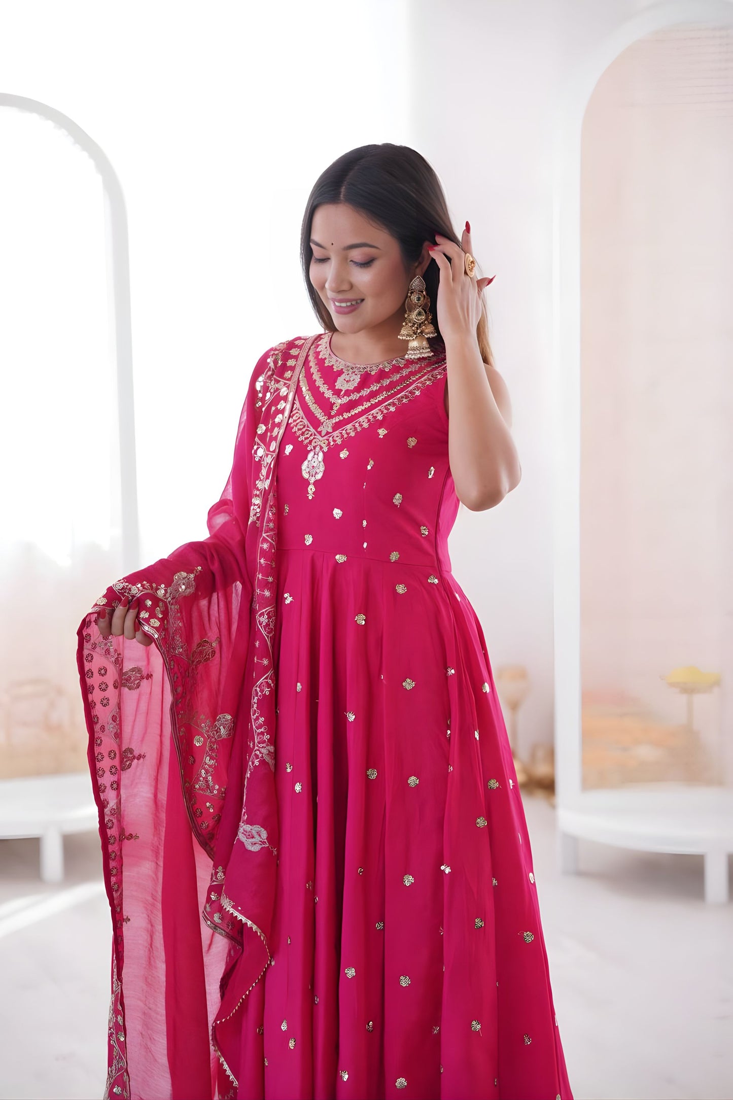Traditional Rani Pink Roman Silk Embroidered Anarkali Suit Heavy Sequin Work Dupatta