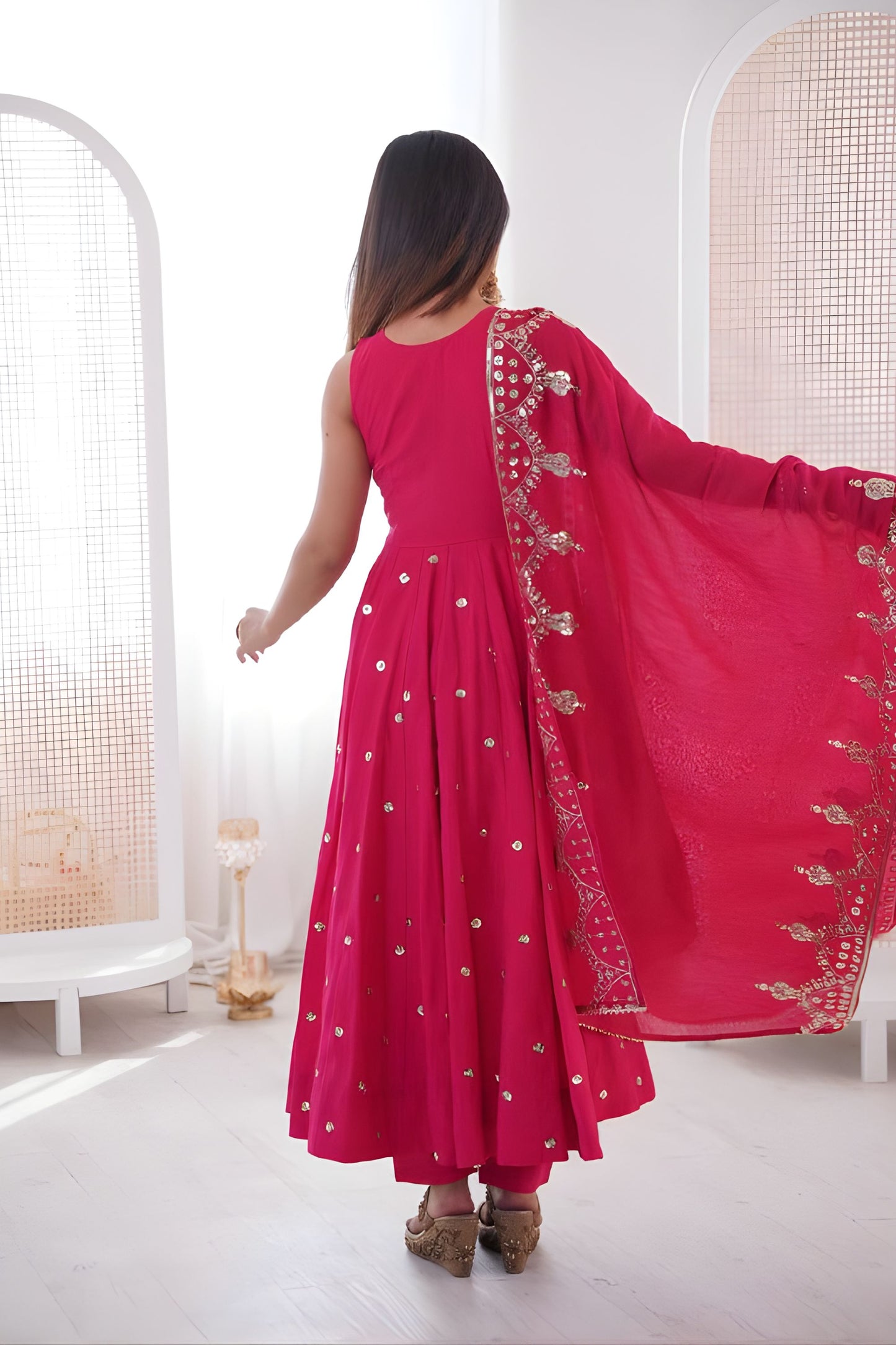 Traditional Rani Pink Roman Silk Embroidered Anarkali Suit Heavy Sequin Work Dupatta