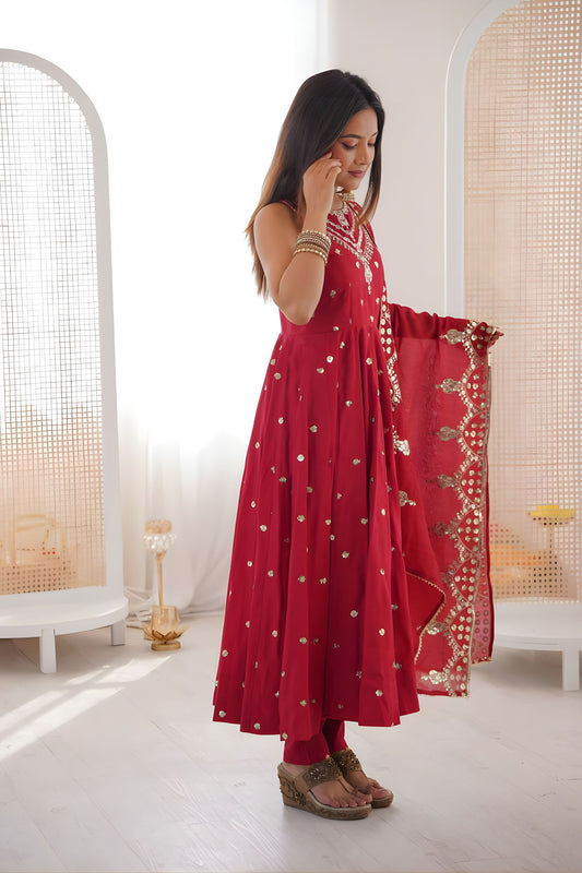 Vibrant Wine Red Roman Silk Embroidered Anarkali Suit Heavy Sequin Work Dupatta