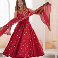 Vibrant Wine Red Roman Silk Embroidered Anarkali Suit Heavy Sequin Work Dupatta