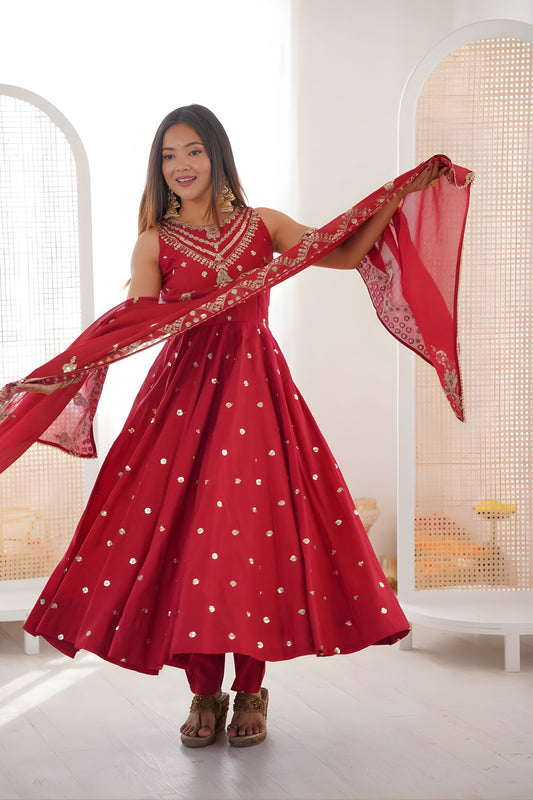 Vibrant Wine Red Roman Silk Embroidered Anarkali Suit Heavy Sequin Work Dupatta
