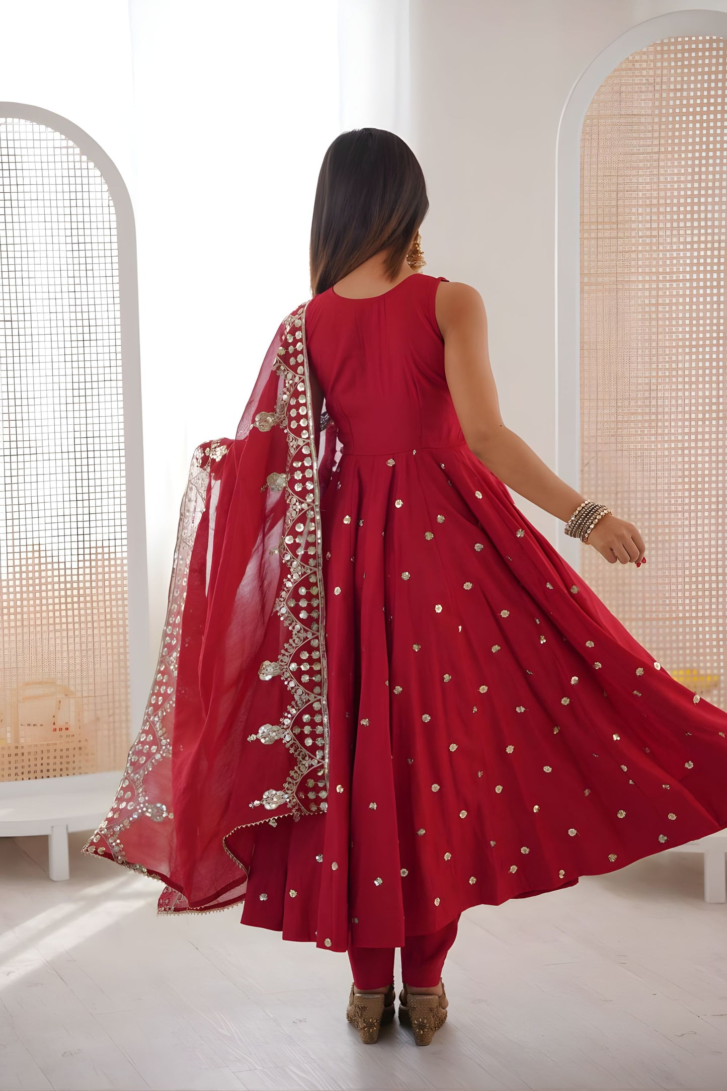 Vibrant Wine Red Roman Silk Embroidered Anarkali Suit Heavy Sequin Work Dupatta