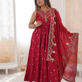 Vibrant Wine Red Roman Silk Embroidered Anarkali Suit Heavy Sequin Work Dupatta