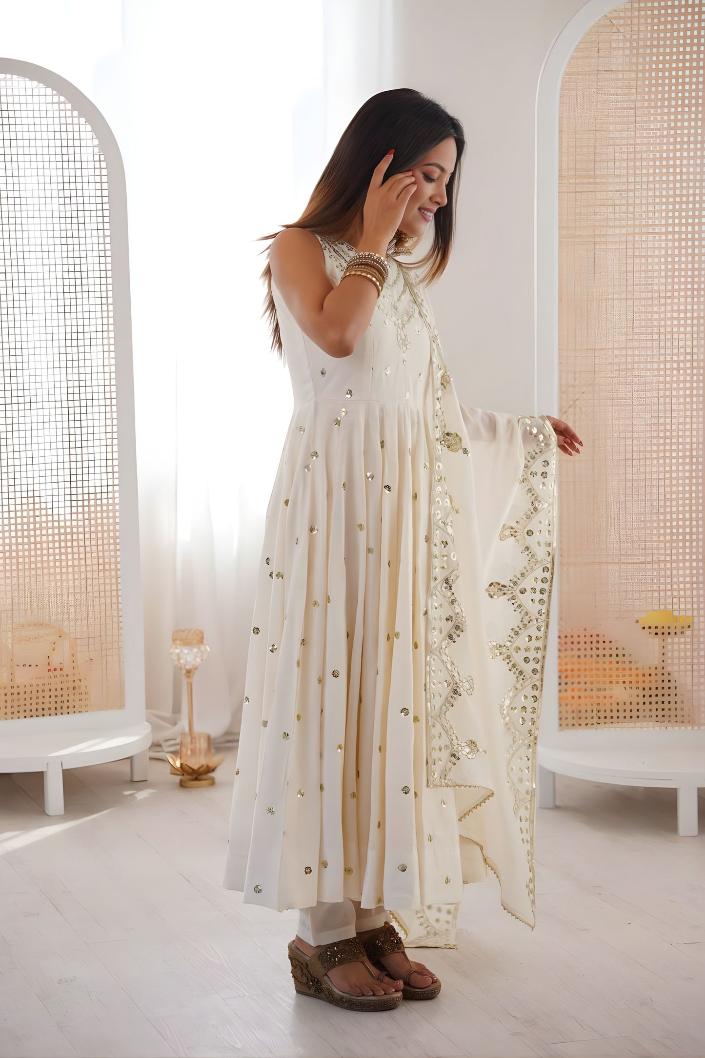 Off White Roman Silk Embroidered Anarkali Suit with Heavy Sequin Work Dupatta