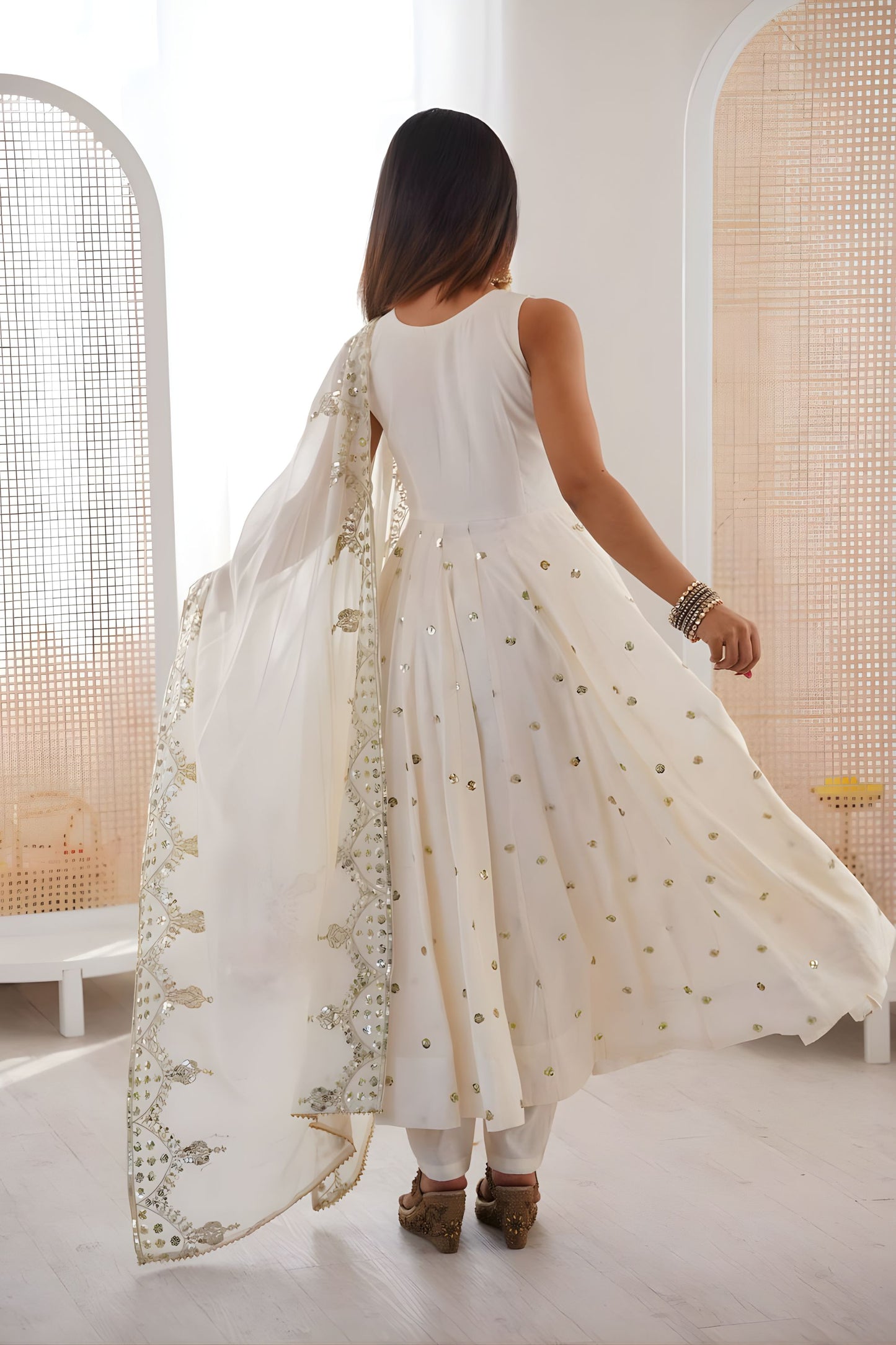 Off White Roman Silk Embroidered Anarkali Suit with Heavy Sequin Work Dupatta